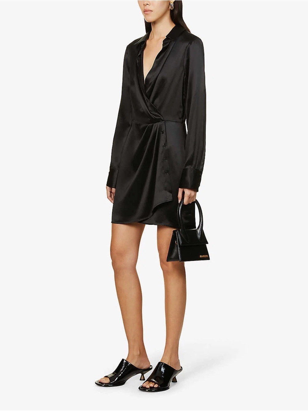 Reformation 100% Silk Black Button Faux Wrap Midi Dress Size 2 Long Sleeve Party